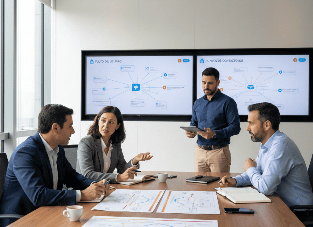 Profesionales de banca privada analizando mapas de experiencia del cliente en una sala de juntas moderna con pantallas digitales mostrando flujos de usuario y puntos de contacto de plataformas B2B