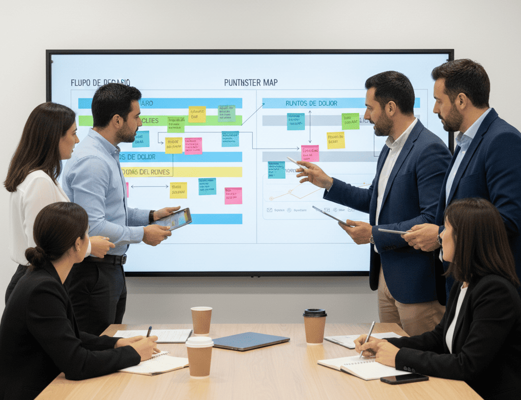 Equipo de consultores trabajando en una sesión de mapeo de customer journey con post-its de colores en una pizarra digital, mostrando flujos de usuario, puntos de dolor y oportunidades de mejora para una plataforma B2B financiera