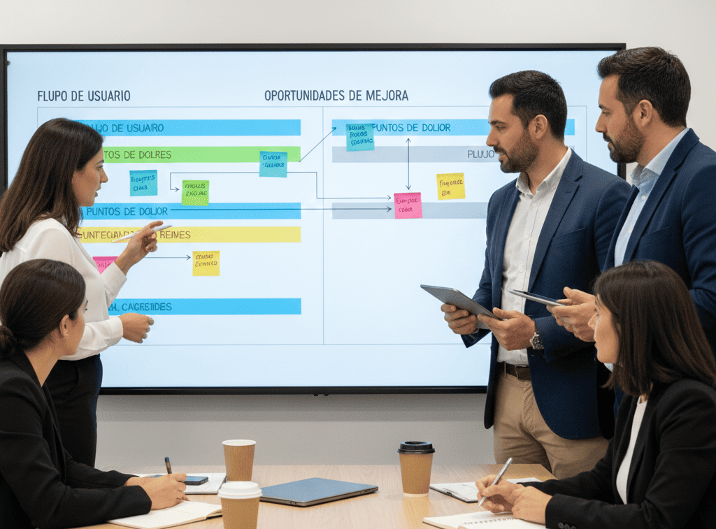 Visualización detallada de un customer journey map para una plataforma B2B financiera, mostrando múltiples etapas del recorrido del cliente con post-its de colores, líneas de tiempo, puntos de contacto, emociones del usuario y oportunidades de mejora en una pizarra digital colaborativa