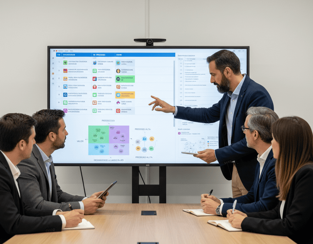 Equipo de gerentes de producto trabajando en un roadmap estratégico con tarjetas Kanban, diagramas de priorización y métricas de éxito en una pizarra digital interactiva, mostrando features priorizadas, dependencias y timelines para una plataforma B2B